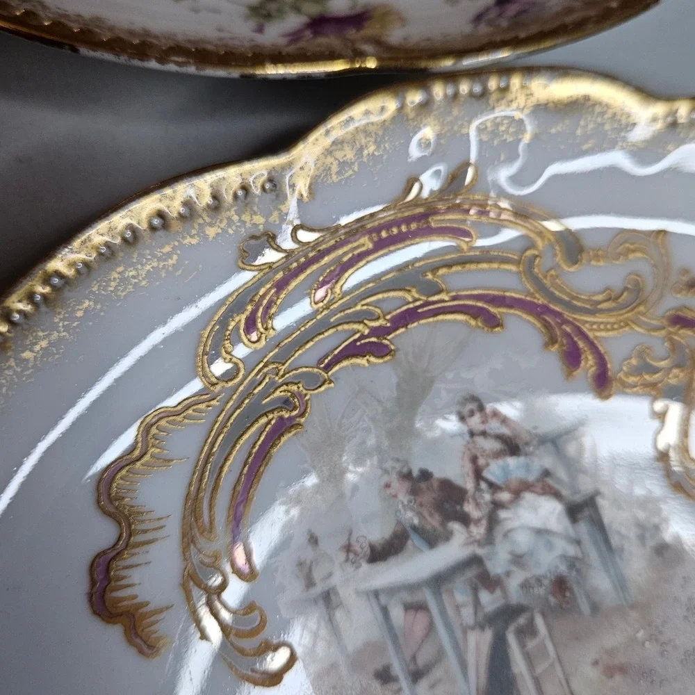 Antique Limoges France AK CD Courting Scene Gold Gilt Scalloped Rim Plates 8.5